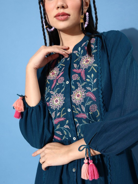 Blue & Pink Floral Embroidered Puff Sleeves A-Line Top